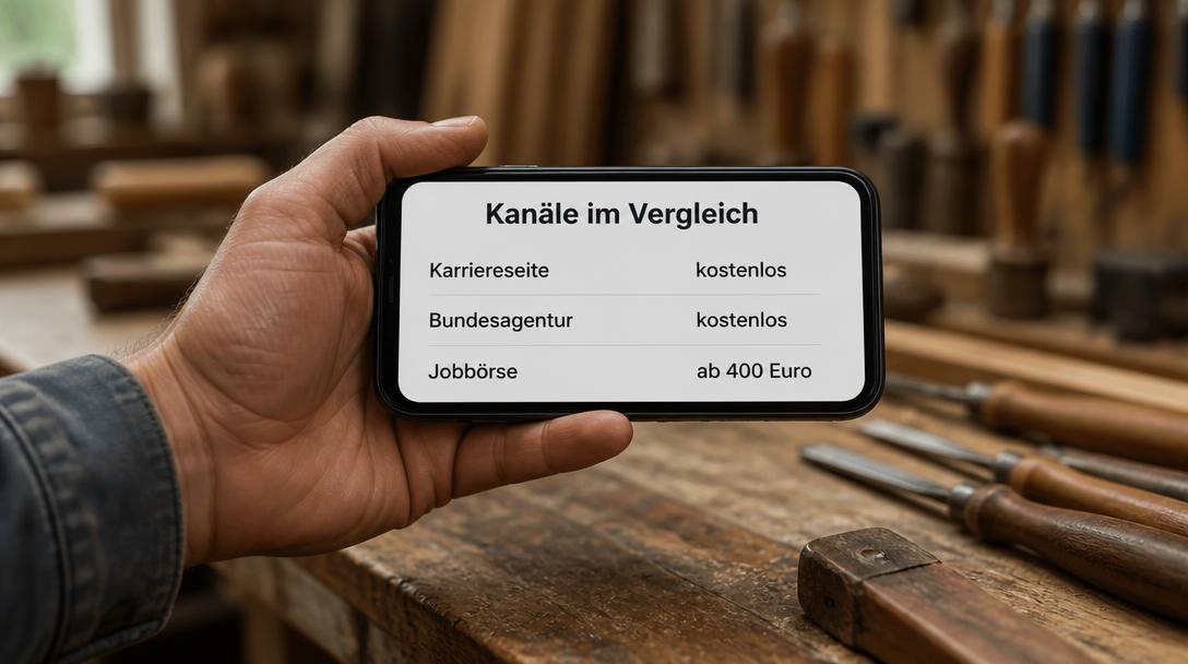 Smartphone zeigt Recruiting-Kanäle im Vergleich: Karriereseite und Bundesagentur kostenlos, Jobbörse ab 400 Euro