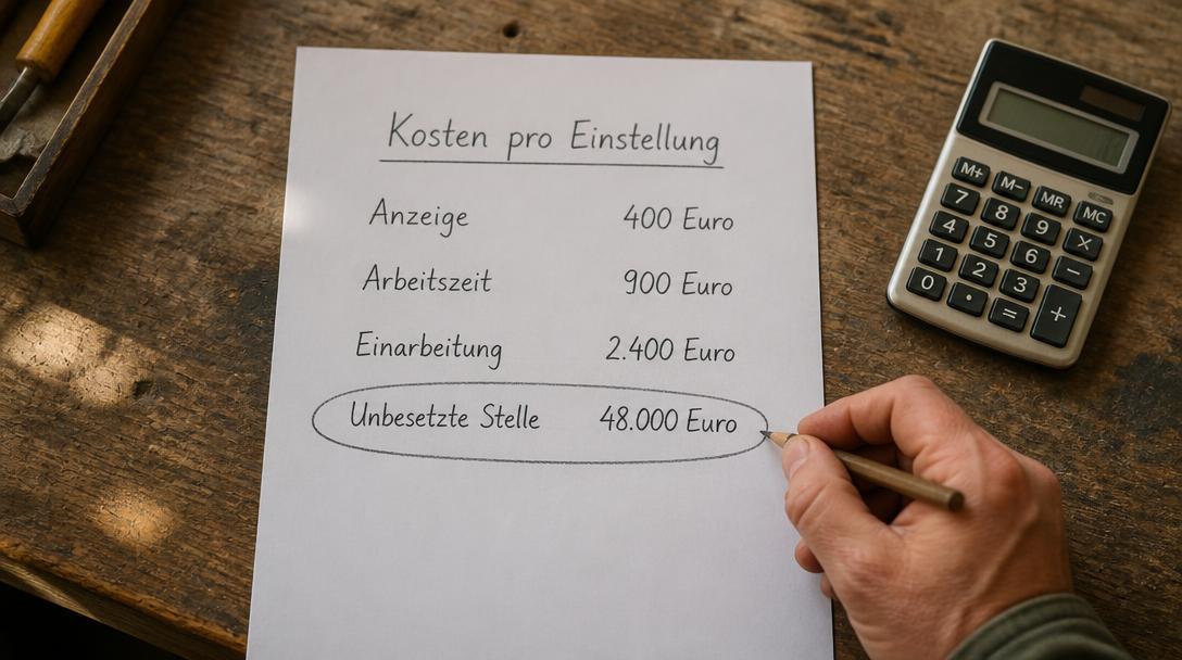 Handschriftliche Kostenaufstellung pro Einstellung, Position Unbesetzte Stelle mit 48.000 Euro eingekreist