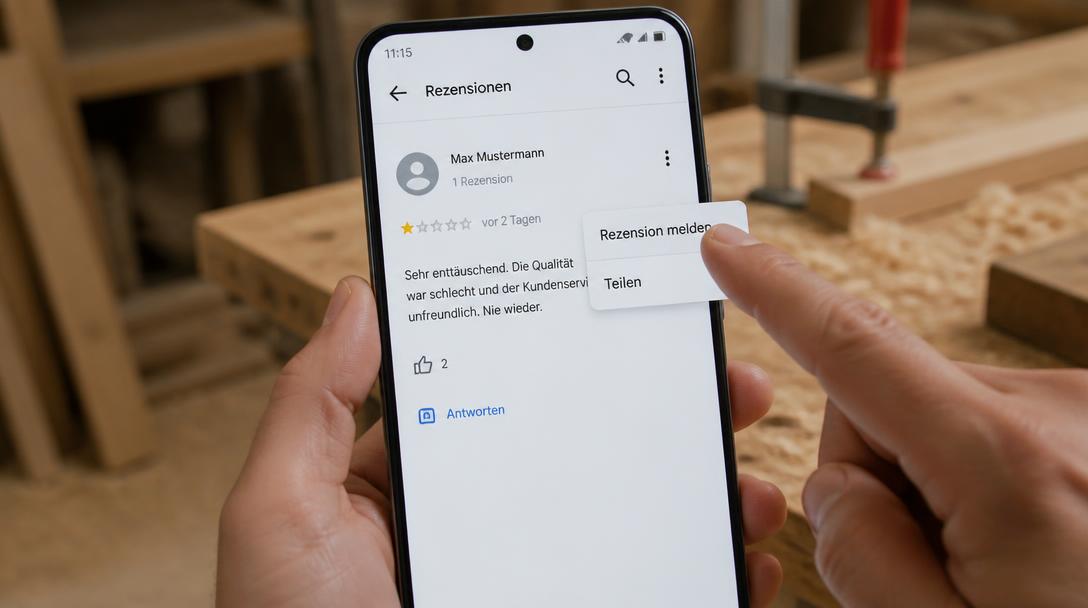 Finger tippt im Google-Rezensionsmenü auf Rezension melden, um eine verdächtige 1-Sterne-Bewertung zu melden