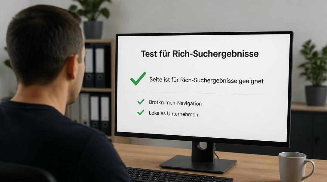 Monitor zeigt den Test für Rich-Suchergebnisse mit erkannten strukturierten Daten für Brotkrumen und lokales Unternehmen