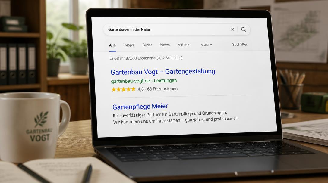 Laptop zeigt Suchergebnisse: Gartenbaubetrieb mit Rich Snippet, Sternen und 63 Rezensionen über einem Eintrag ohne Sterne