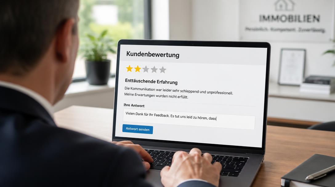 Immobilienmakler beantwortet am Laptop eine Zwei-Sterne-Bewertung im Antwortfeld seines Profils