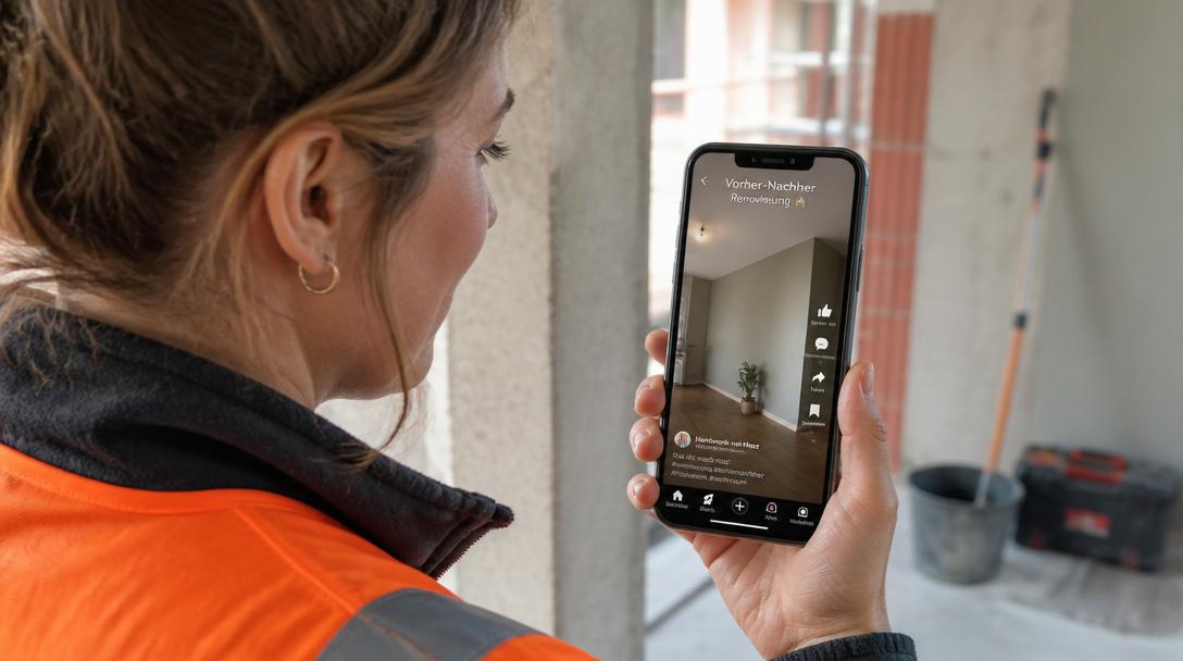 Handwerkerin in Warnweste hält Smartphone vertikal und filmt ein Vorher-Nachher-Video auf der Baustelle