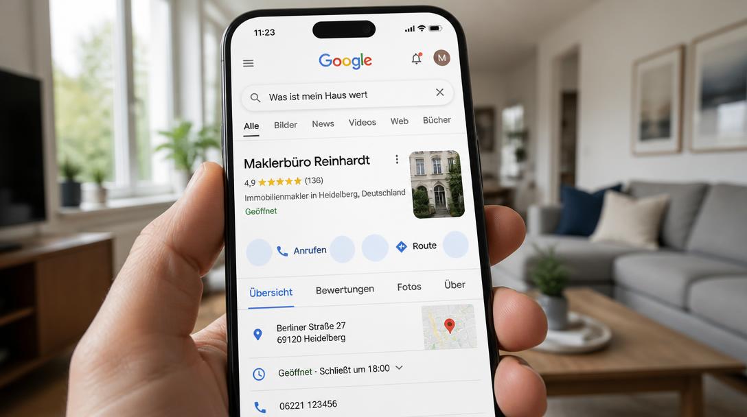 Smartphone zeigt Google-Suche nach dem Hauswert mit Unternehmensprofil eines Maklerbüros, 4,9 Sterne und Anrufen-Button