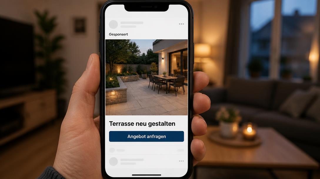 Gesponserte Social-Media-Anzeige für Terrassenbau auf dem Smartphone mit Button Angebot anfragen