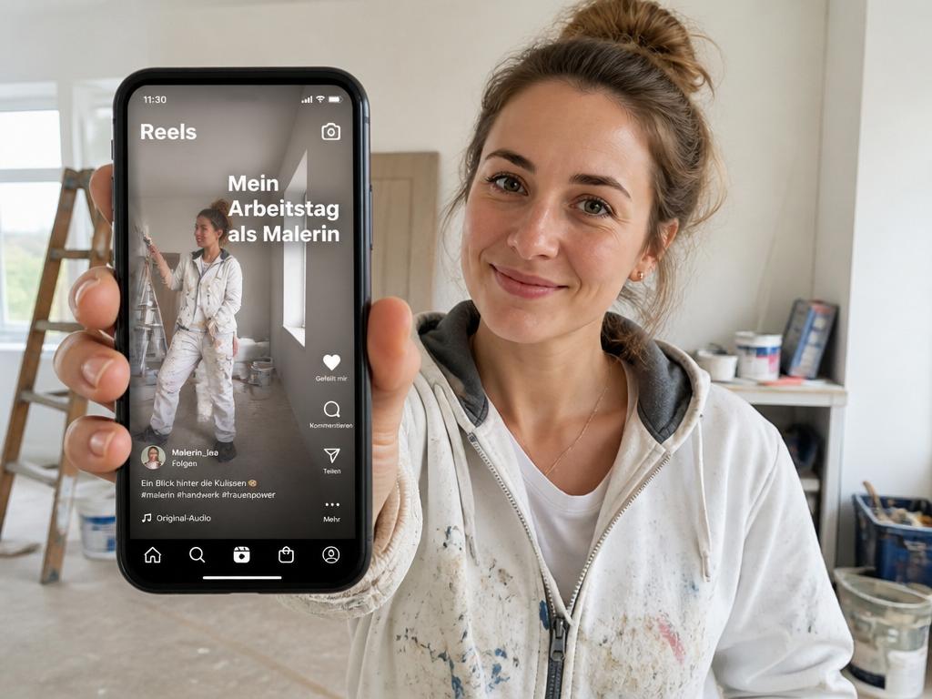 Junge Malerin hält Smartphone mit Instagram-Reel über ihren Arbeitsalltag – Social Recruiting für Handwerksbetriebe