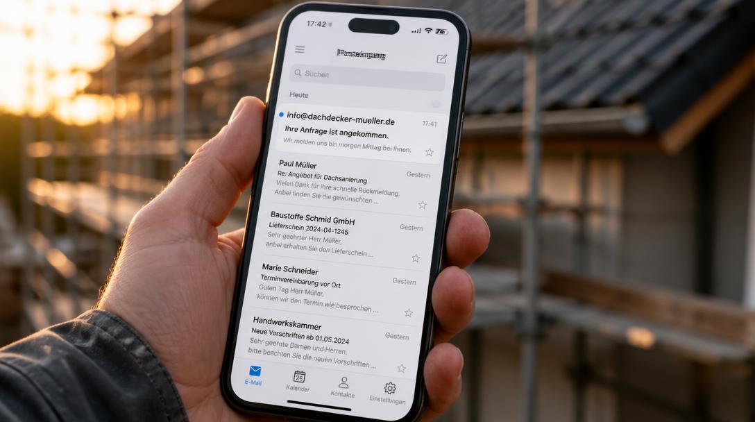 Smartphone auf der Baustelle zeigt die automatische Eingangsbestätigung einer Kundenanfrage um 17:41 Uhr