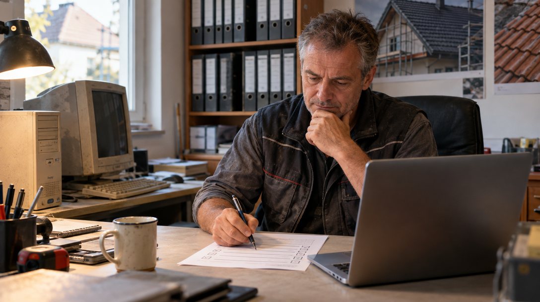 Dachdeckermeister im Büro neben altem PC und Aktenordnern hakt am Laptop die Checkliste für den Softwarewechsel ab