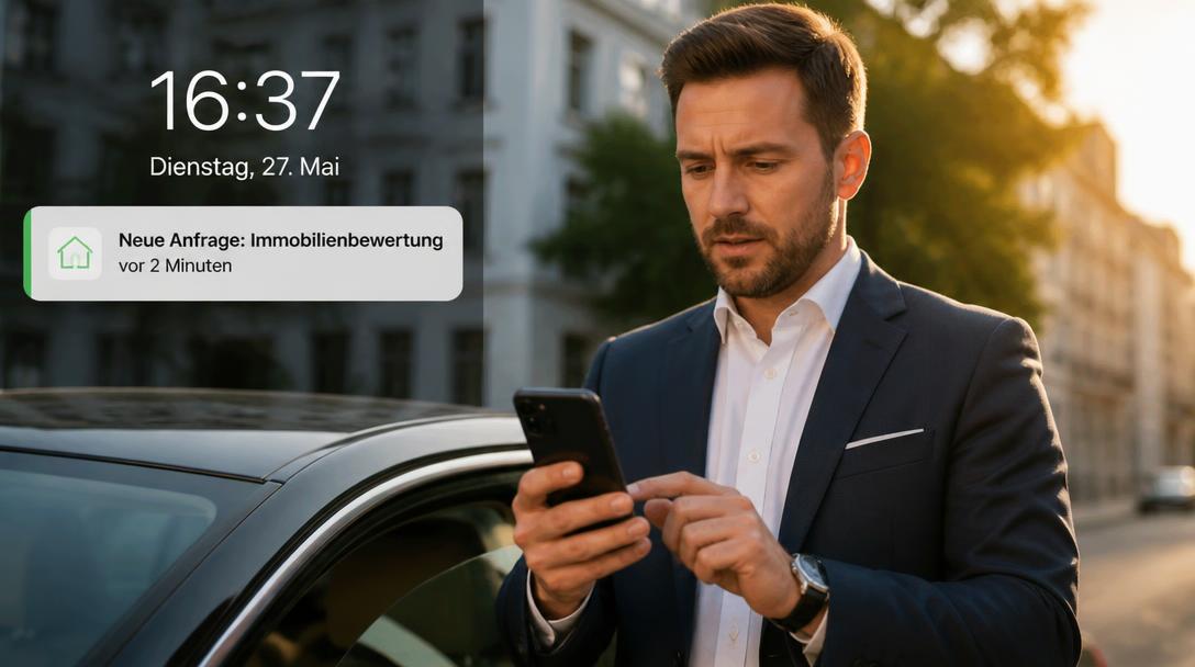 Immobilienmakler am Auto prüft Push-Nachricht zu einer neuen Anfrage für eine Immobilienbewertung von vor zwei Minuten