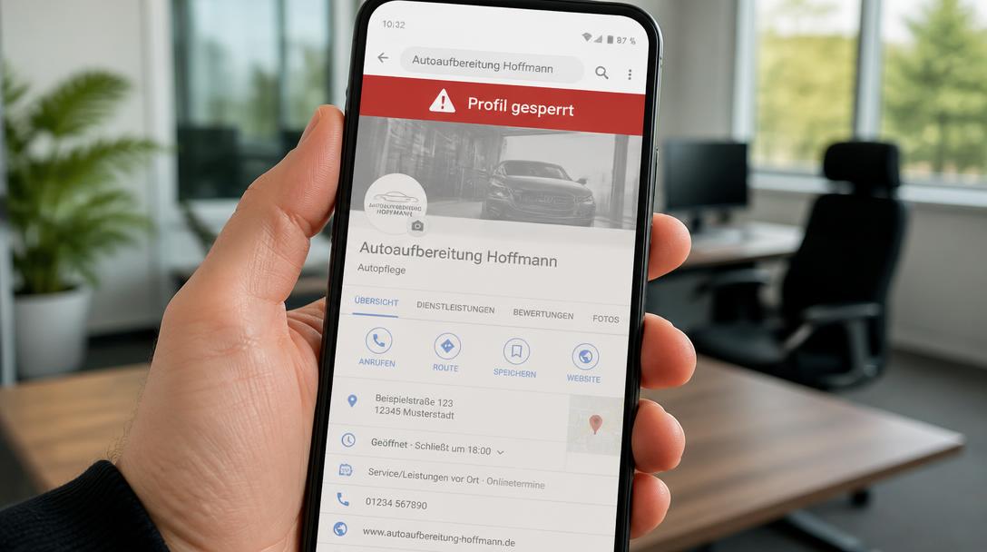 Smartphone zeigt Google Unternehmensprofil einer Autoaufbereitung mit rotem Warnhinweis Profil gesperrt