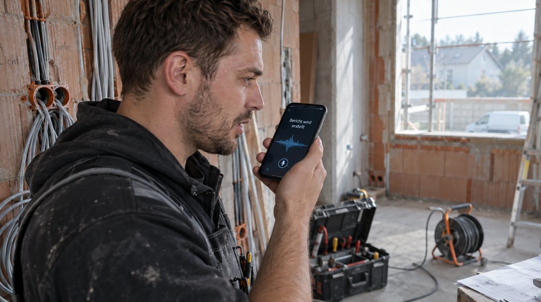 Elektriker im Rohbau diktiert seinen Arbeitsbericht per Sprachaufnahme ins Smartphone