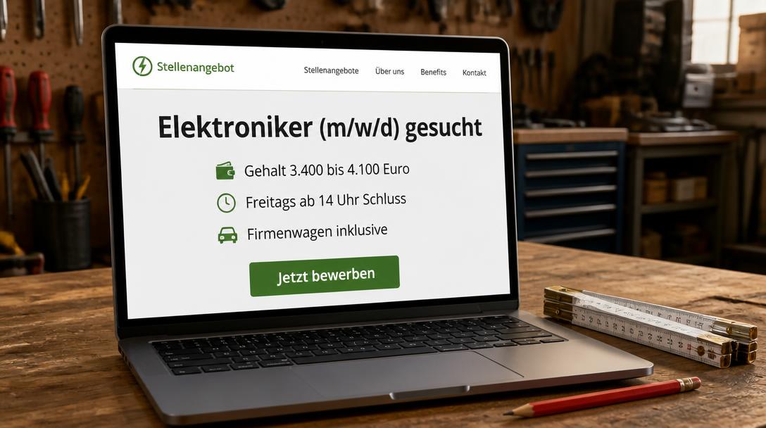 Laptop auf der Werkbank zeigt eine Stellenanzeige für Elektroniker mit Gehaltsangabe und Bewerben-Button