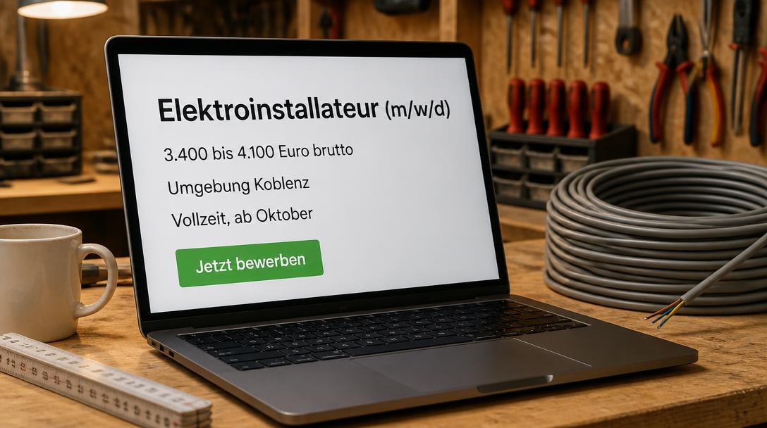 Laptop auf der Werkbank zeigt eine Stellenanzeige für Elektroinstallateur mit Gehaltsspanne und Bewerben-Button