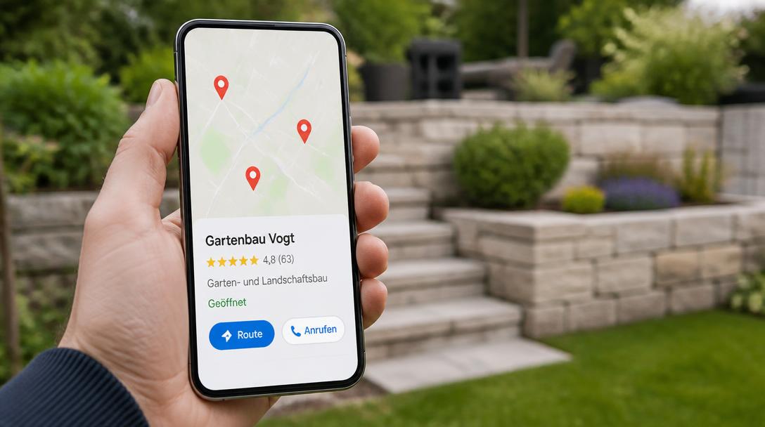 Smartphone mit Karten-App zeigt einen Gartenbaubetrieb mit 4,8 Sternen, Öffnungsstatus und Buttons für Route und Anrufen