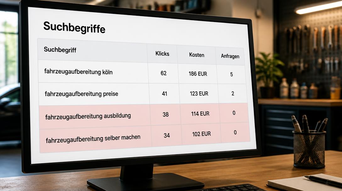 Suchbegriffe-Bericht auf dem Monitor, zwei Zeilen ohne Anfragen rot markiert als verbranntes Google Ads Budget