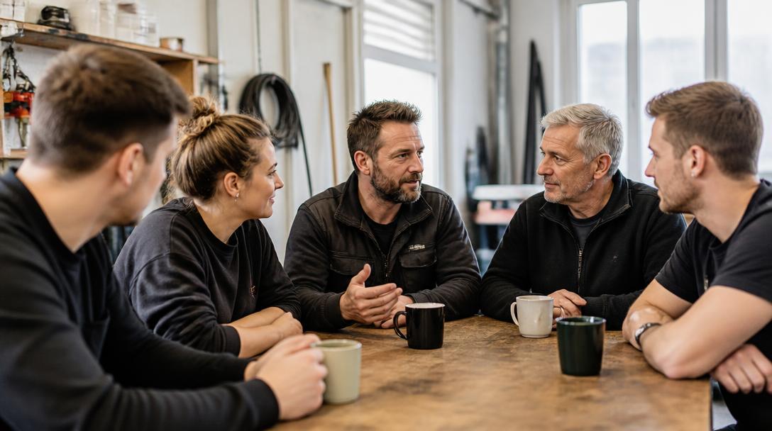 Handwerksmeister spricht mit seinem Team bei Kaffee am Werkstatttisch darüber, was den Betrieb als Arbeitgeber ausmacht