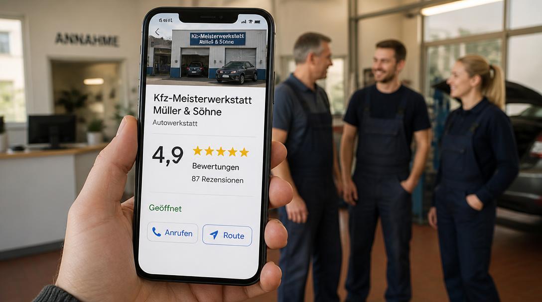 Smartphone zeigt das Google-Profil einer Kfz-Meisterwerkstatt mit 4,9 Sternen und 87 Rezensionen, dahinter das Team