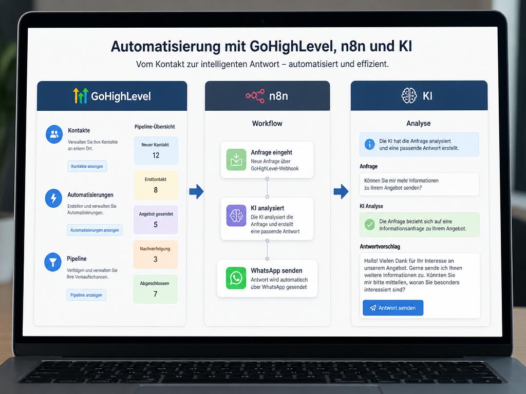 Laptop-Bildschirm zeigt Marketing-Automation-Tech-Stack mit GoHighLevel, n8n und KI-Verbindungen für Handwerksbetriebe