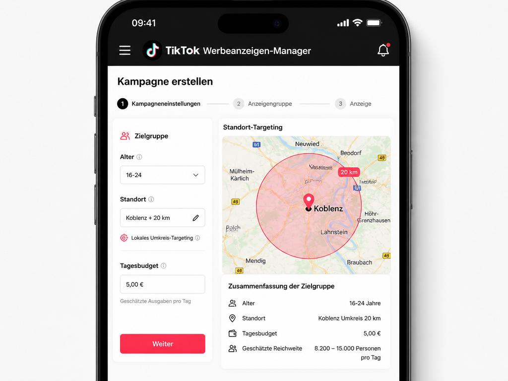 TikTok Werbeanzeigen-Manager auf Smartphone mit Standort-Targeting Koblenz 20 km Radius, Alter 16-24, Tagesbudget 5 Euro