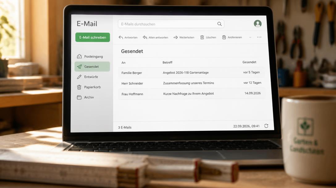 Laptop zeigt den Ordner Gesendet mit drei Follow-up-E-Mails an Kunden und Zeitstempeln nach fünf und zwölf Tagen