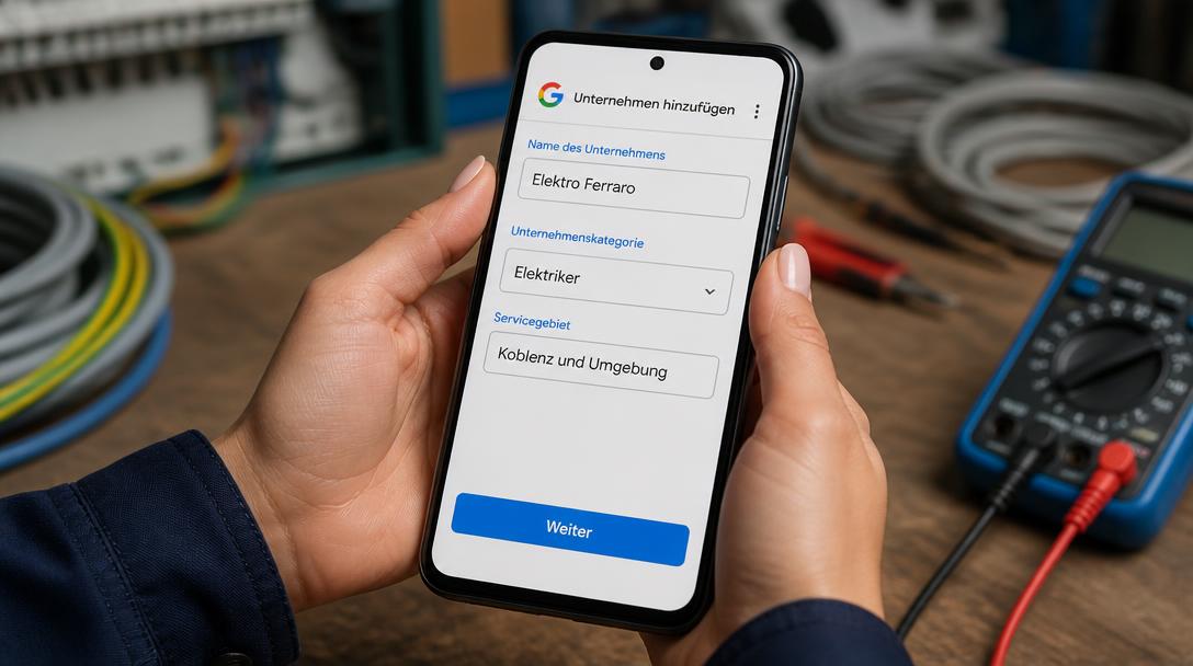 Smartphone mit Google-Formular „Unternehmen hinzufügen“: Firmenname, Kategorie Elektriker und Servicegebiet Koblenz
