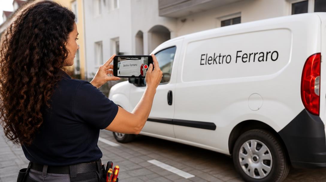 Elektrikerin filmt ihren beschrifteten Transporter mit dem Smartphone für die Video-Verifizierung des Unternehmensprofils