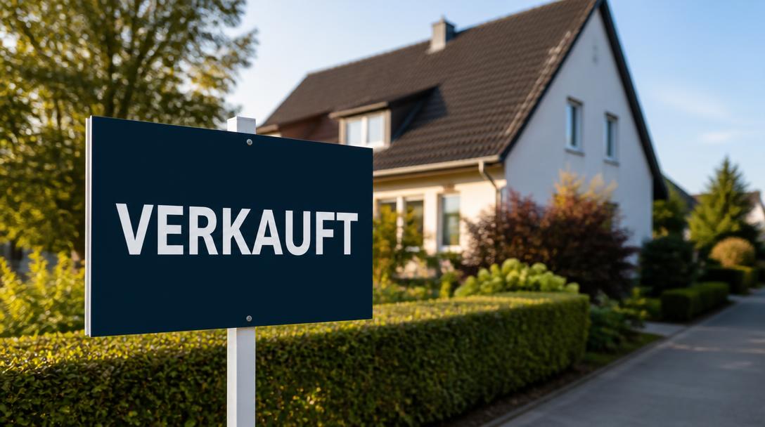 Navy-blaues Verkauft-Schild im Vorgarten eines Einfamilienhauses als lokale Werbung für Immobilienmakler