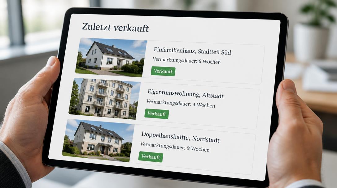 Tablet zeigt den Website-Bereich Zuletzt verkauft mit drei Objekten und der jeweiligen Vermarktungsdauer in Wochen