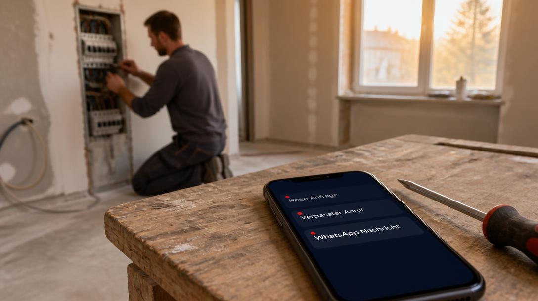 Smartphone auf Werkbank mit drei unbeantworteten Meldungen, im Hintergrund ein Elektriker am Sicherungskasten