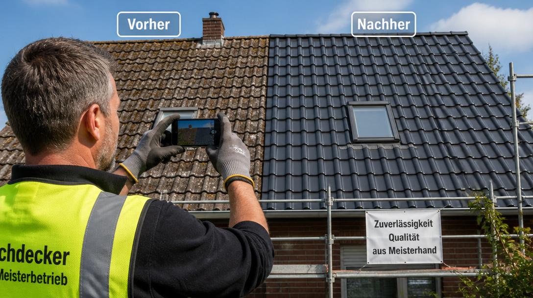 Dachdecker fotografiert Dach mit Vorher-Nachher-Beschriftung für das Google Unternehmensprofil