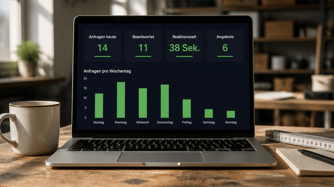 Laptop auf der Werkbank zeigt ein CRM-Dashboard mit 14 Anfragen, 11 automatisch beantwortet und 38 Sekunden Reaktionszeit