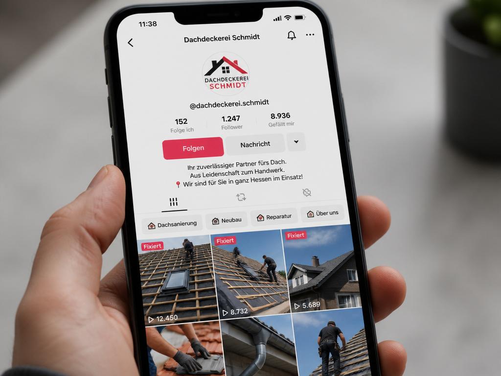 TikTok-Profil der Dachdeckerei Schmidt auf Smartphone mit 1.247 Followern, deutschen Kategorien und Baustellen-Videos
