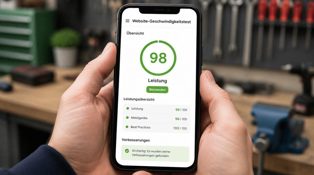 Smartphone zeigt Ergebnis eines Website-Geschwindigkeitstests mit 98 von 100 Punkten in einer Werkstatt
