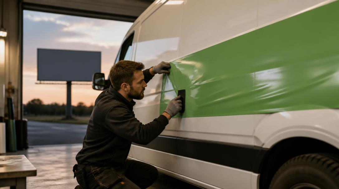 Folierer bringt eine grüne Werbefolie am Transporter an, im Hintergrund eine leere Plakatwand am Straßenrand