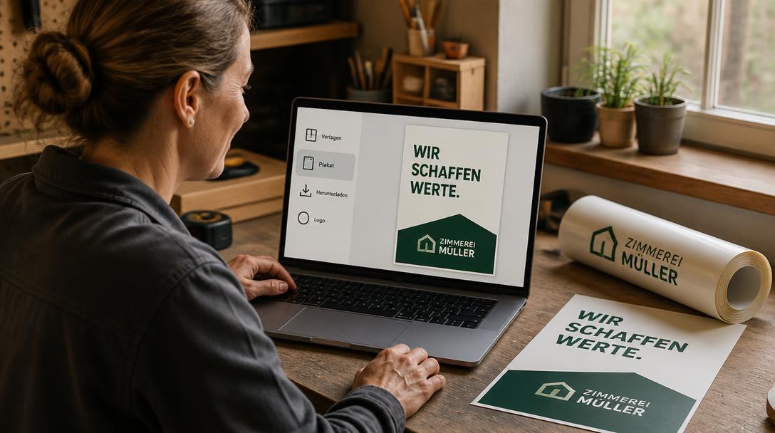 Handwerkerin am Laptop gestaltet ein Plakat aus dem Werbeportal des Handwerks mit dem eigenen Betriebslogo