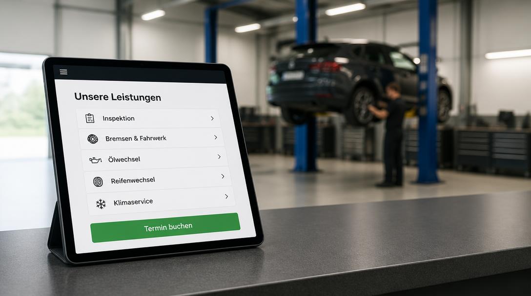 Tablet auf Werkstatt-Theke zeigt die Leistungsseite einer Autowerkstatt mit Inspektion, Ölwechsel und Termin-Button