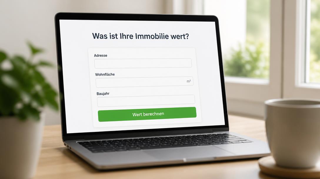 Laptop mit deutschem Online-Formular zur Immobilienbewertung, Felder für Adresse, Wohnfläche und Baujahr
