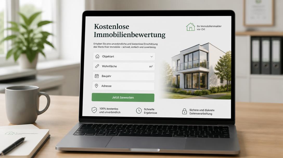 Laptop zeigt Landingpage für kostenlose Immobilienbewertung mit Formularfeldern und grünem Button Jetzt bewerten