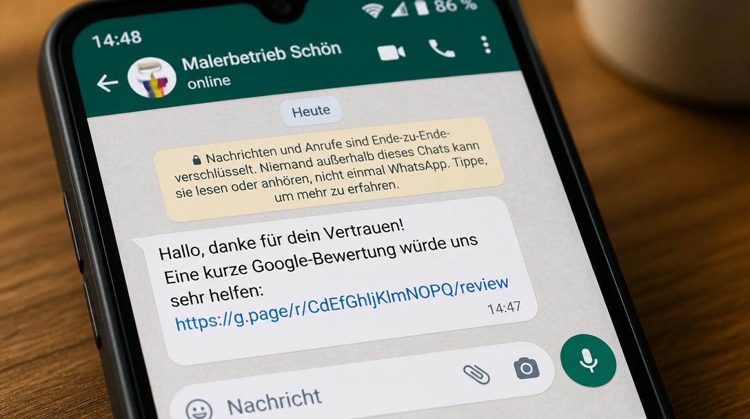 WhatsApp Nachricht von Malerbetrieb mit Bewertungsanfrage und Google Bewertungslink