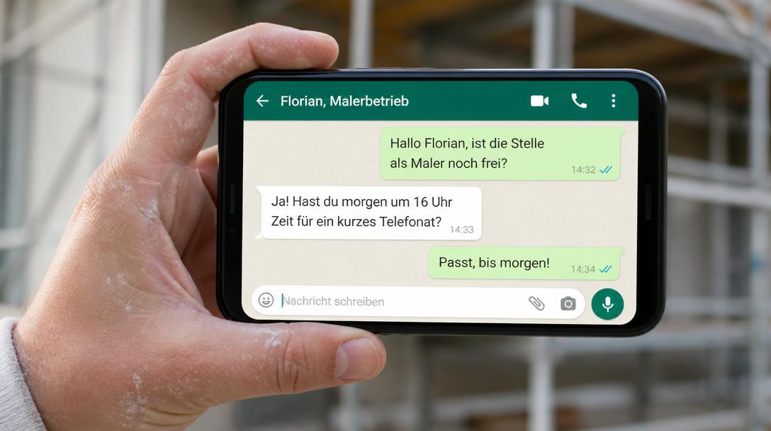 Smartphone mit Chatverlauf: Bewerber fragt per WhatsApp beim Malerbetrieb nach der Stelle und bekommt einen Gesprächstermin