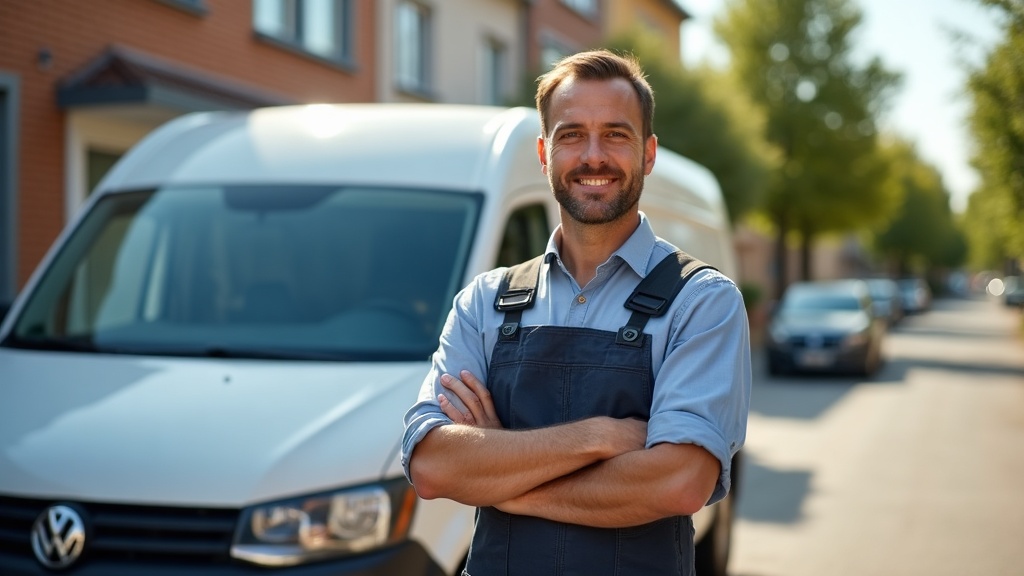 Handwerker in Latzhose steht vor weißem VW-Bus auf deutscher Straße, Arme verschränkt