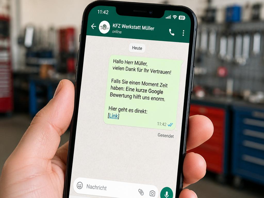 Smartphone-Bildschirm zeigt WhatsApp-Bewertungsanfrage auf Deutsch nach abgeschlossenem Handwerkerauftrag