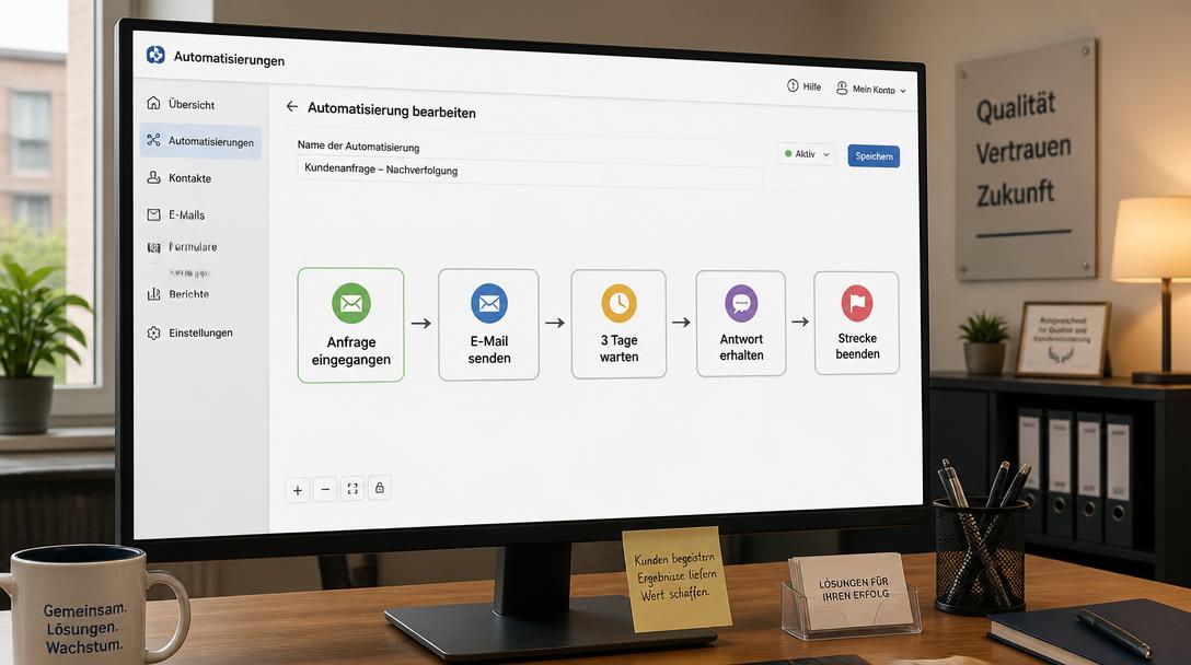 Monitor zeigt einen Workflow-Editor mit der Automationsstrecke von Anfrage eingegangen bis Strecke beenden