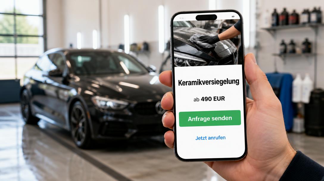 Smartphone zeigt mobile Landingpage für Keramikversiegelung ab 490 Euro mit grünem Button Anfrage senden