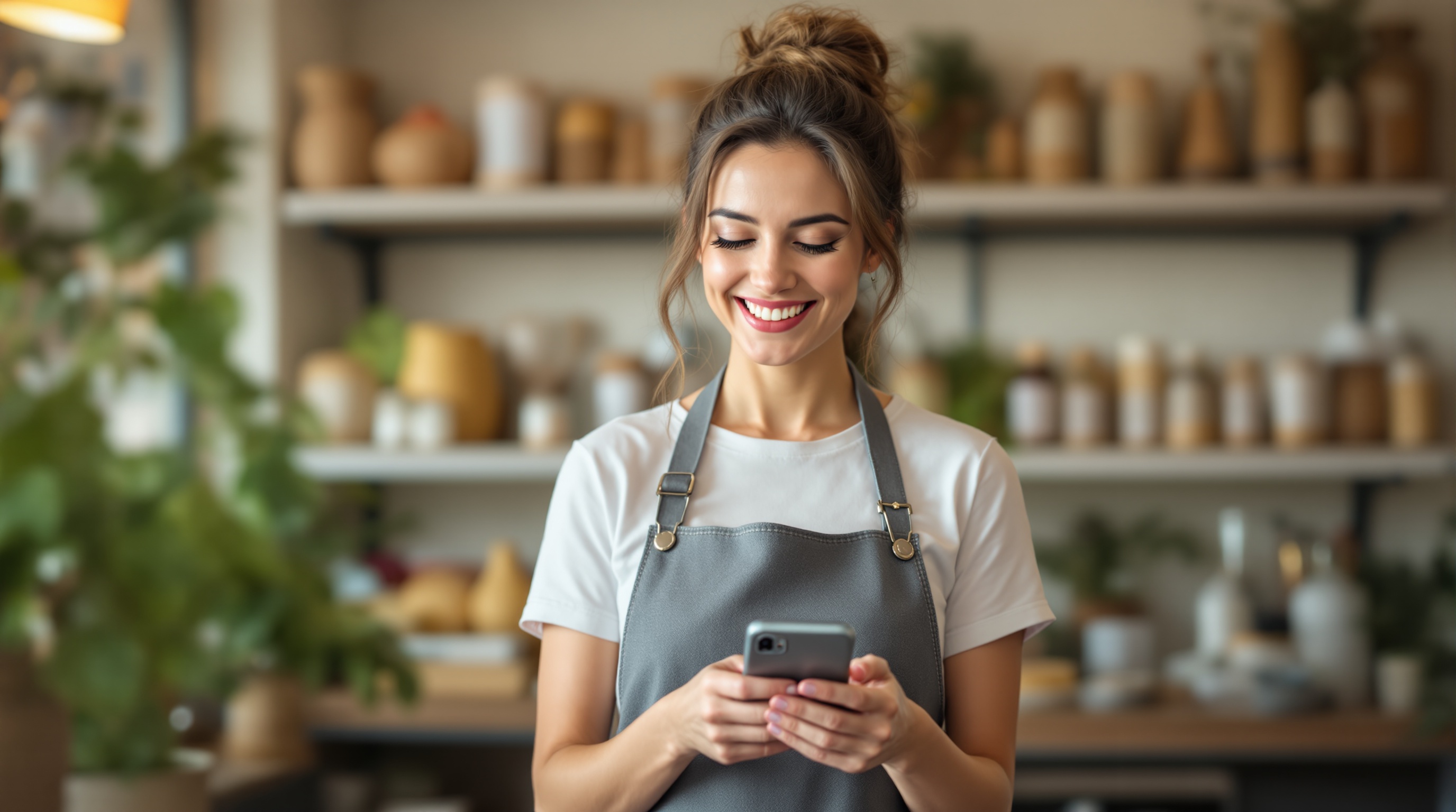 Unternehmerin lächelt auf Smartphone mit positiven Google-Bewertungen in ihrem Laden